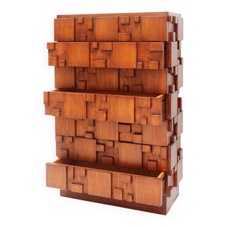 Brutalist Oak Wood Chest of Drawers with Sculptural Fronts, Italian Handcrafted