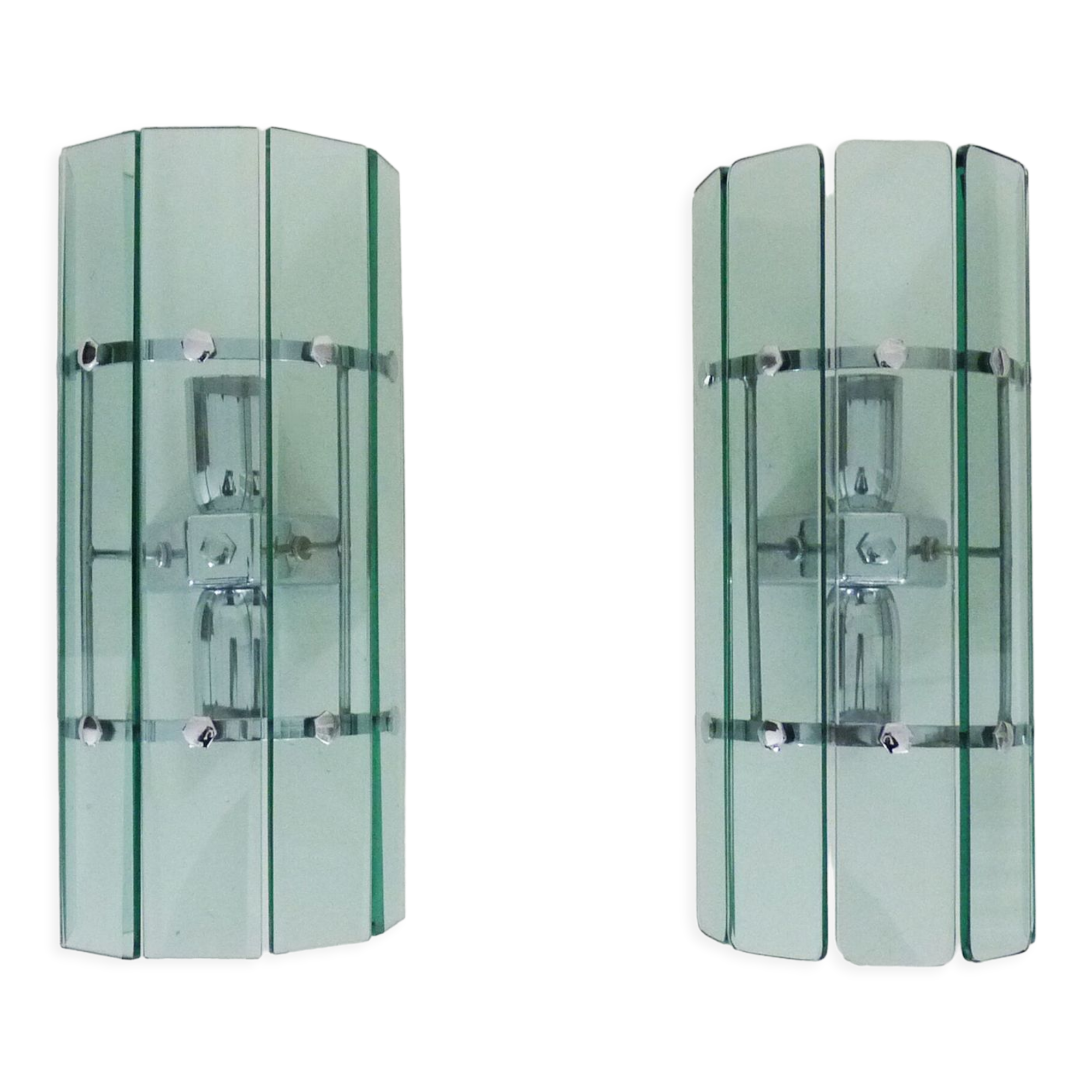 Pair of Italian Veca wall lamps in bluish glass, chrome, double lights