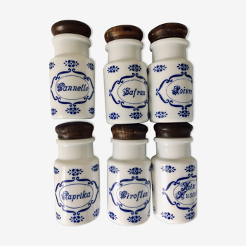 Series of 6 vintage spice jars in white opaline