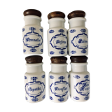 Series of 6 vintage spice jars in white opaline