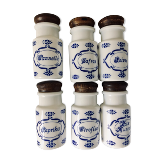Série de 6 pots à épices vintage en opaline blanche