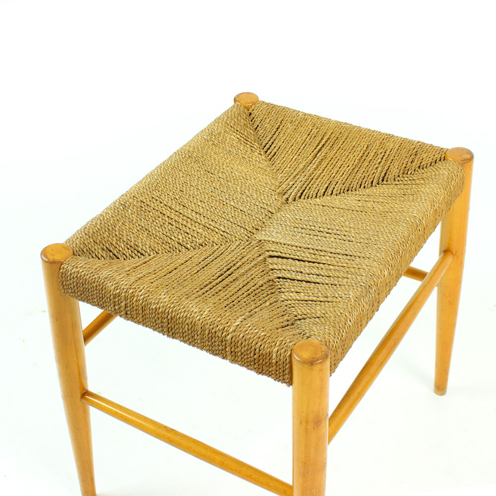Midcentury stool in oak wood and rope, Czechoslovakia 1960