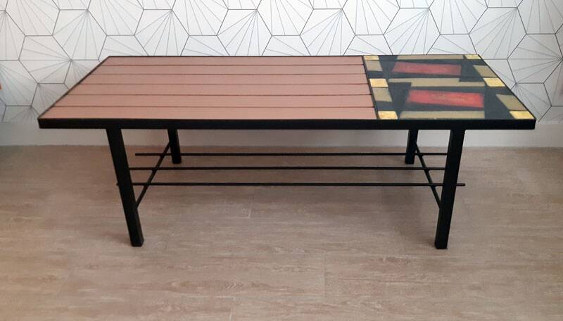 Vintage coffee table in ceramic, wood, and metal.