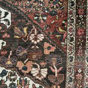 Antique handmade Hamadan Persian rug, ivory medallion on dark background 148x103.