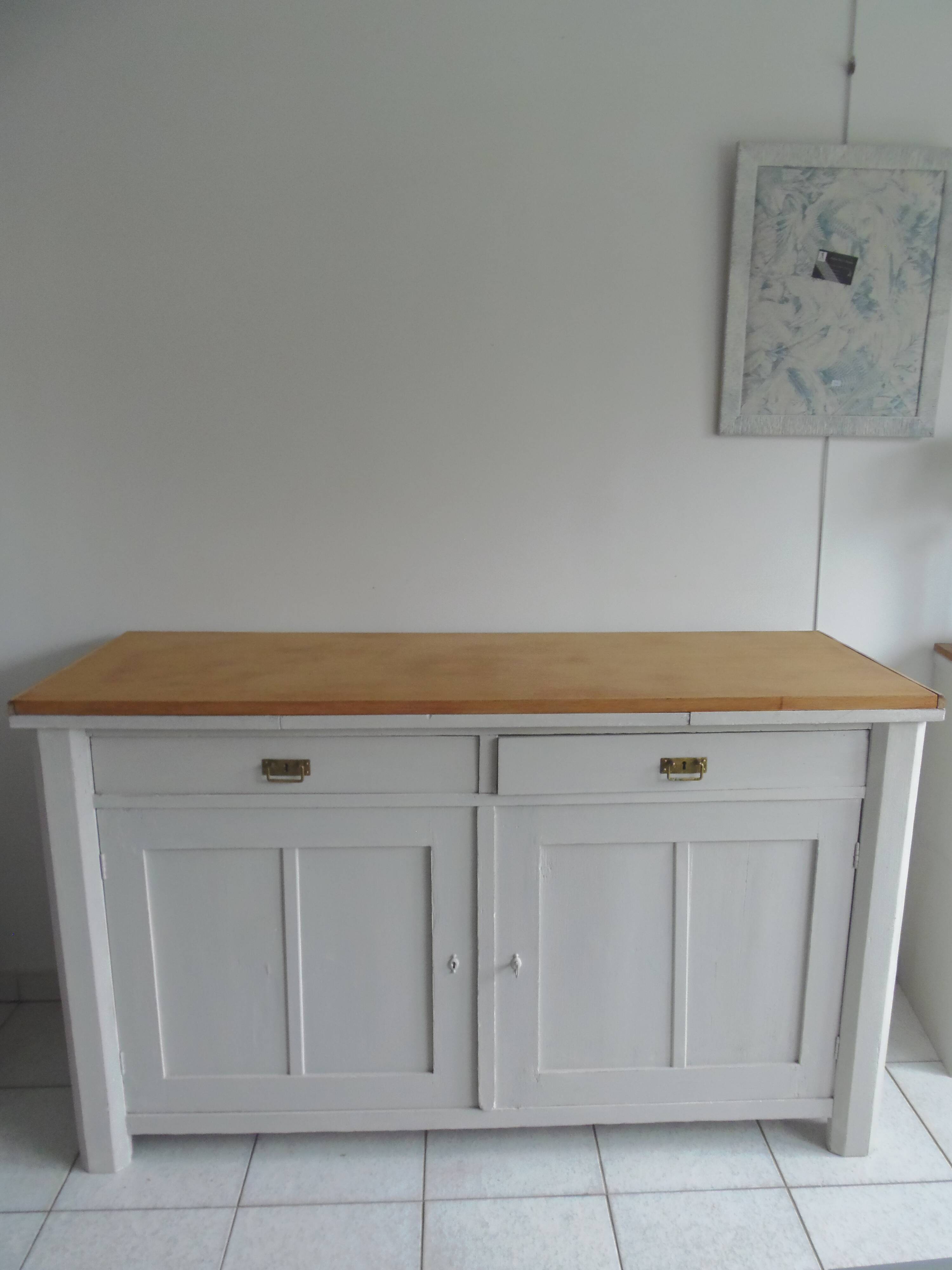 Vintage sideboard, 2 drawers, 1 shelf, 2 pearl gray patinated doors, wooden top.