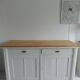 Vintage sideboard, 2 drawers, 1 shelf, 2 pearl gray patinated doors, wooden top.