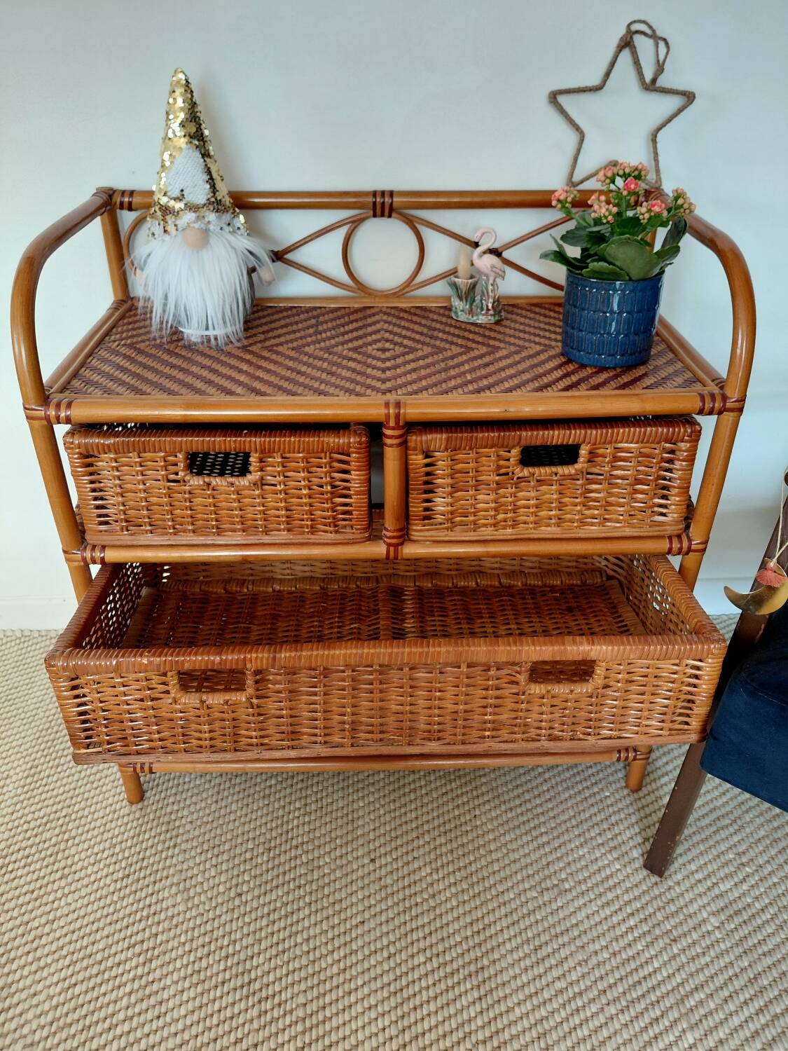 Commode vintage en rotin 4 tiroirs-esprit bohème-bord de mer