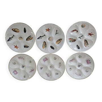 6 assiettes à huîtres en porcelaine de Limoges Lourioux et LF