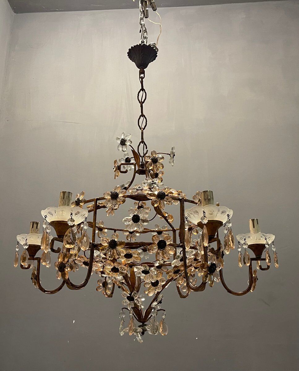 Italian Pink Murano Glass Flower Chandelier, 1950s