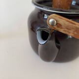 Scandinavian teapot, enameled iron and wood