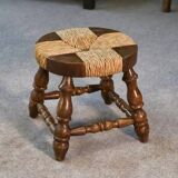 Brutalist stool in beech and rush 1960s