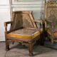 Pair of corner armchairs and an Orientalist bench in carved and polychrome wood from around 1900.