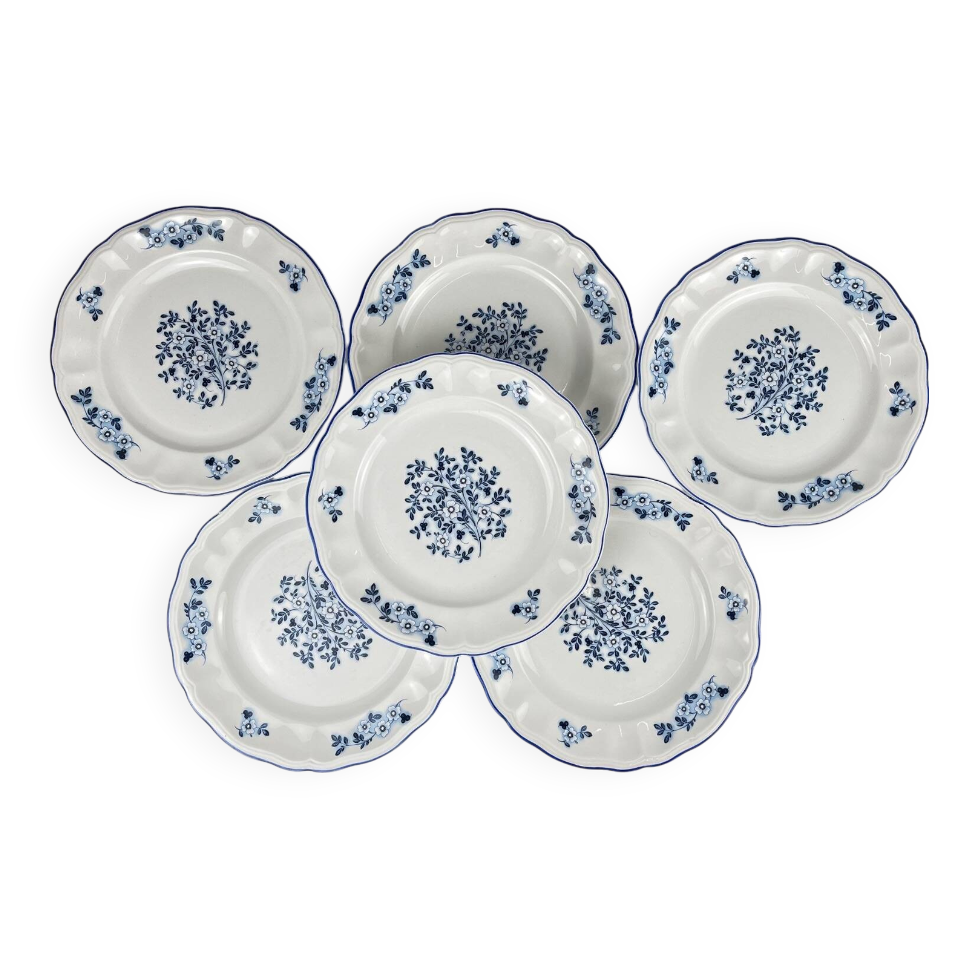 6 assiettes à dessert Fleurs bleues, KG Lunéville