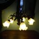Chandelier of 5 corollas in white granite glass, central decoration with foliage 70s /80s