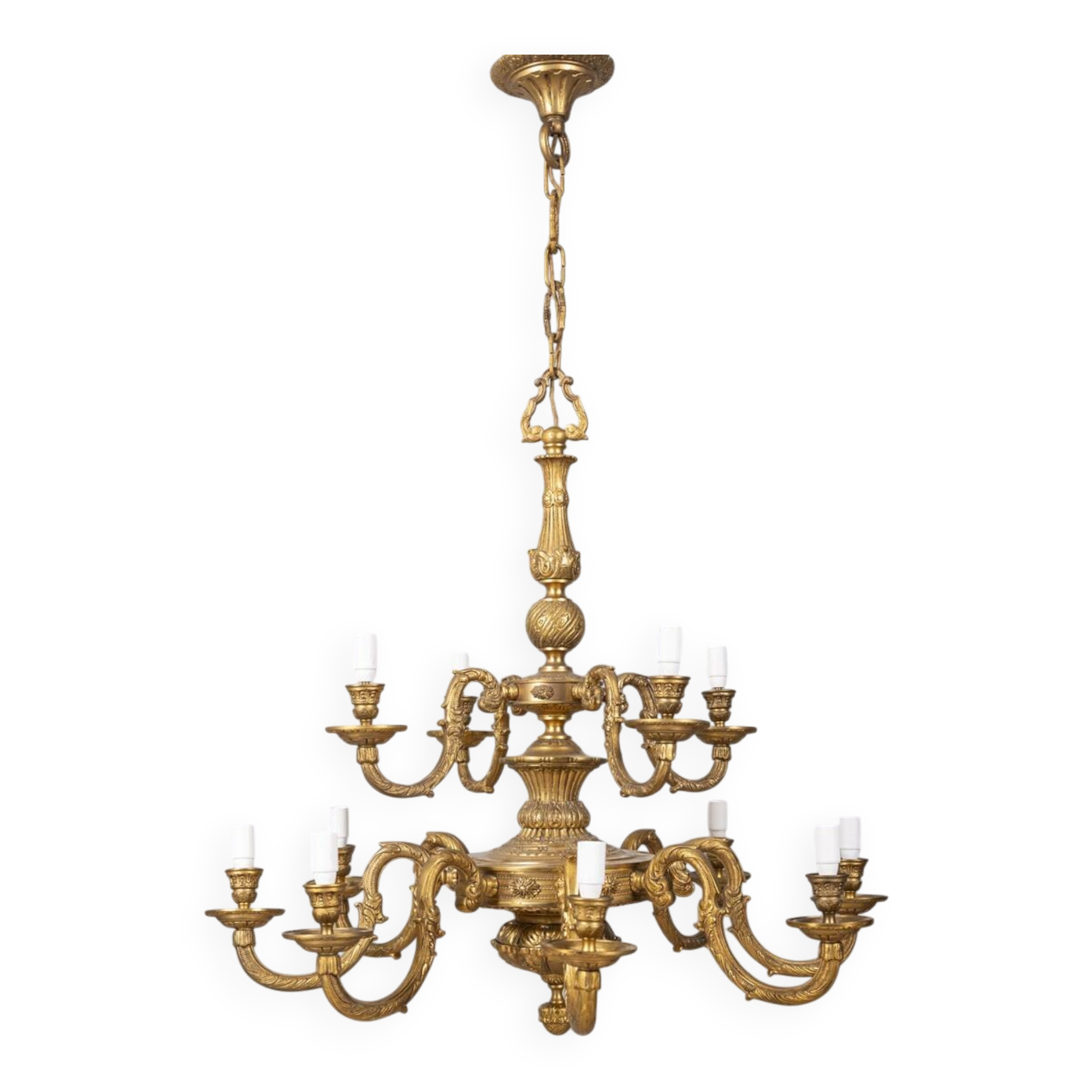 Classic 12 light golden bronze chandelier from the mid-20th century