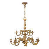 Chandelier classique en bronze doré à 12 lumières du milieu du 20e siècle