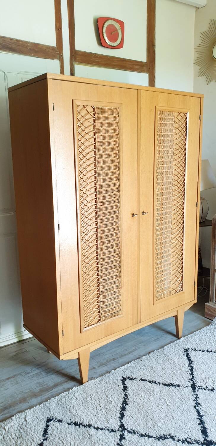 Rattan and wood wardrobe