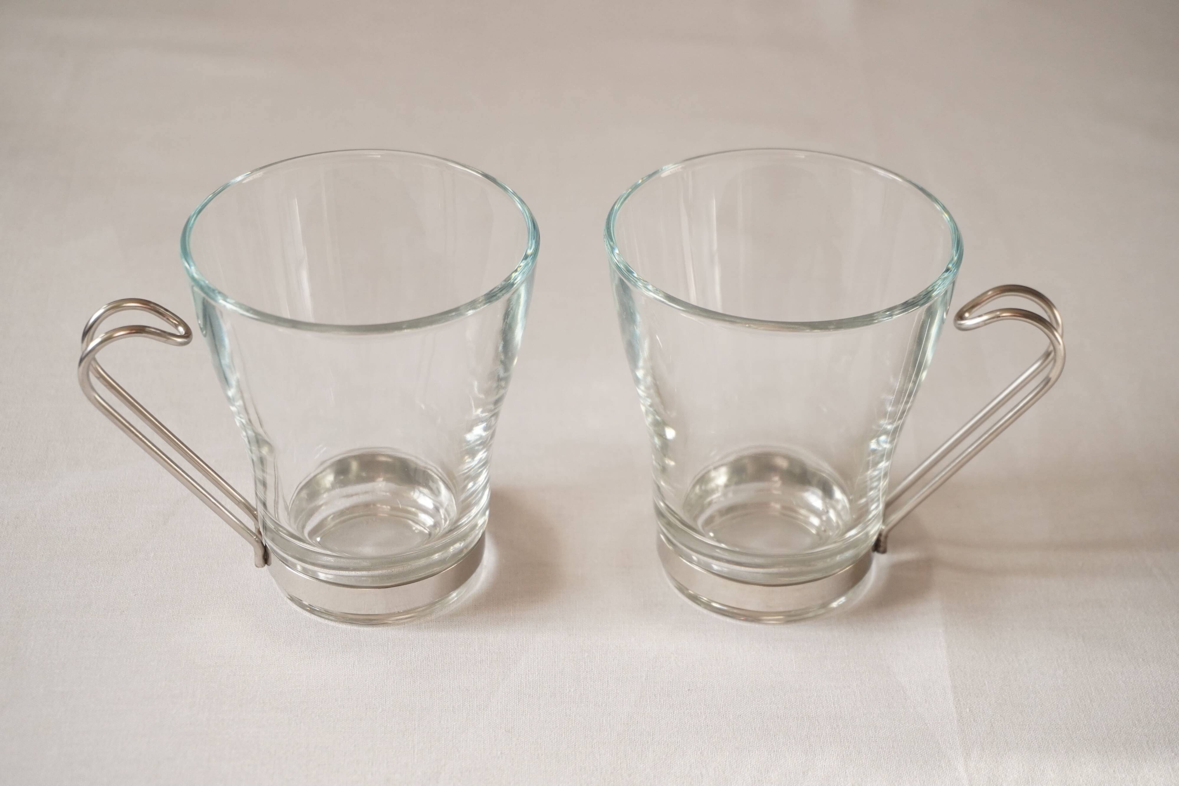 Set of 2 cups, glass and metal stand, Bormiolo Rocco, Italy
