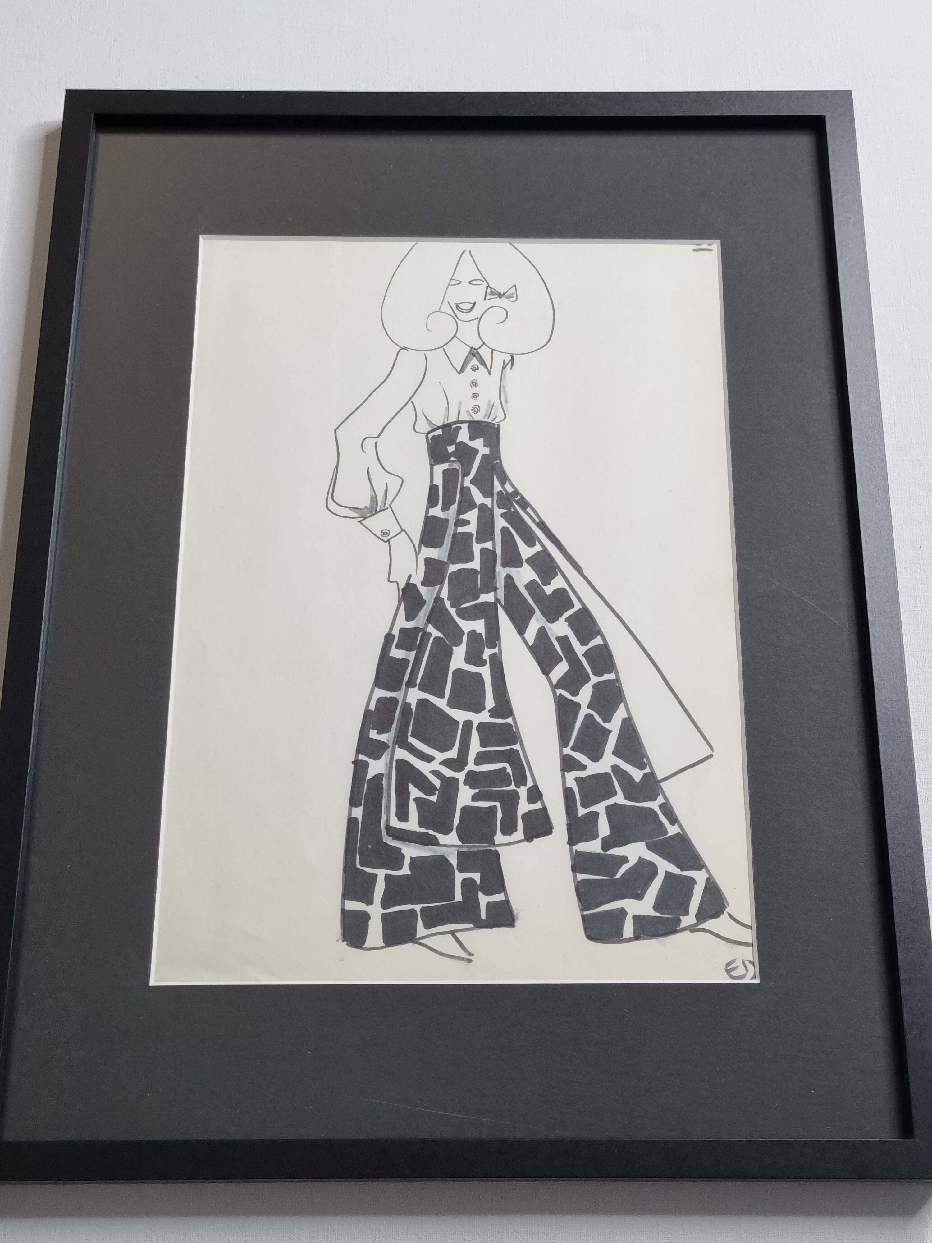 Fashion sketch, original drawing, monogrammed by Jean Eden, 70s