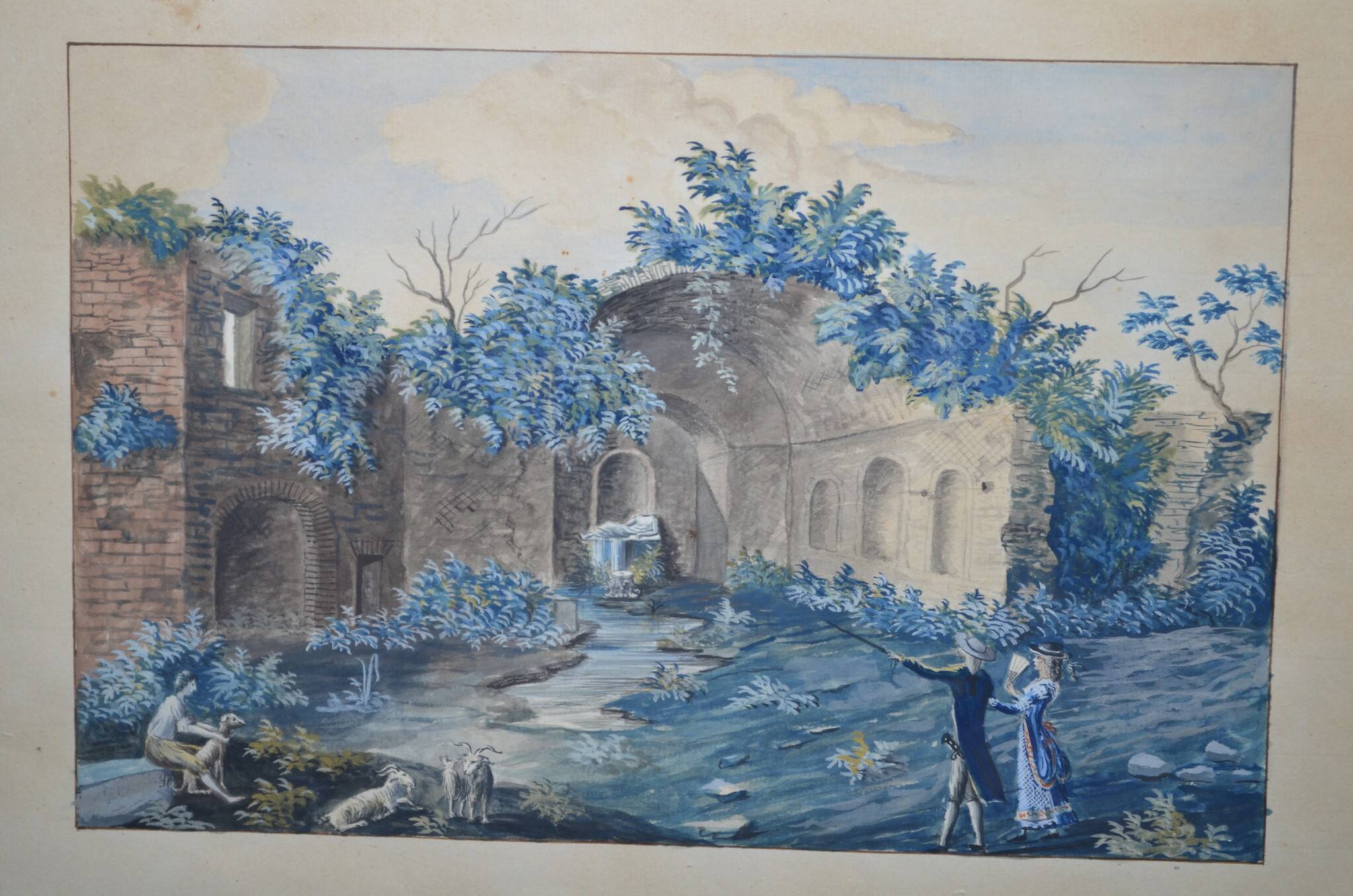 Ecole Italienne du XIXème siècle  « La source de la nymphe Egérie » Gouache