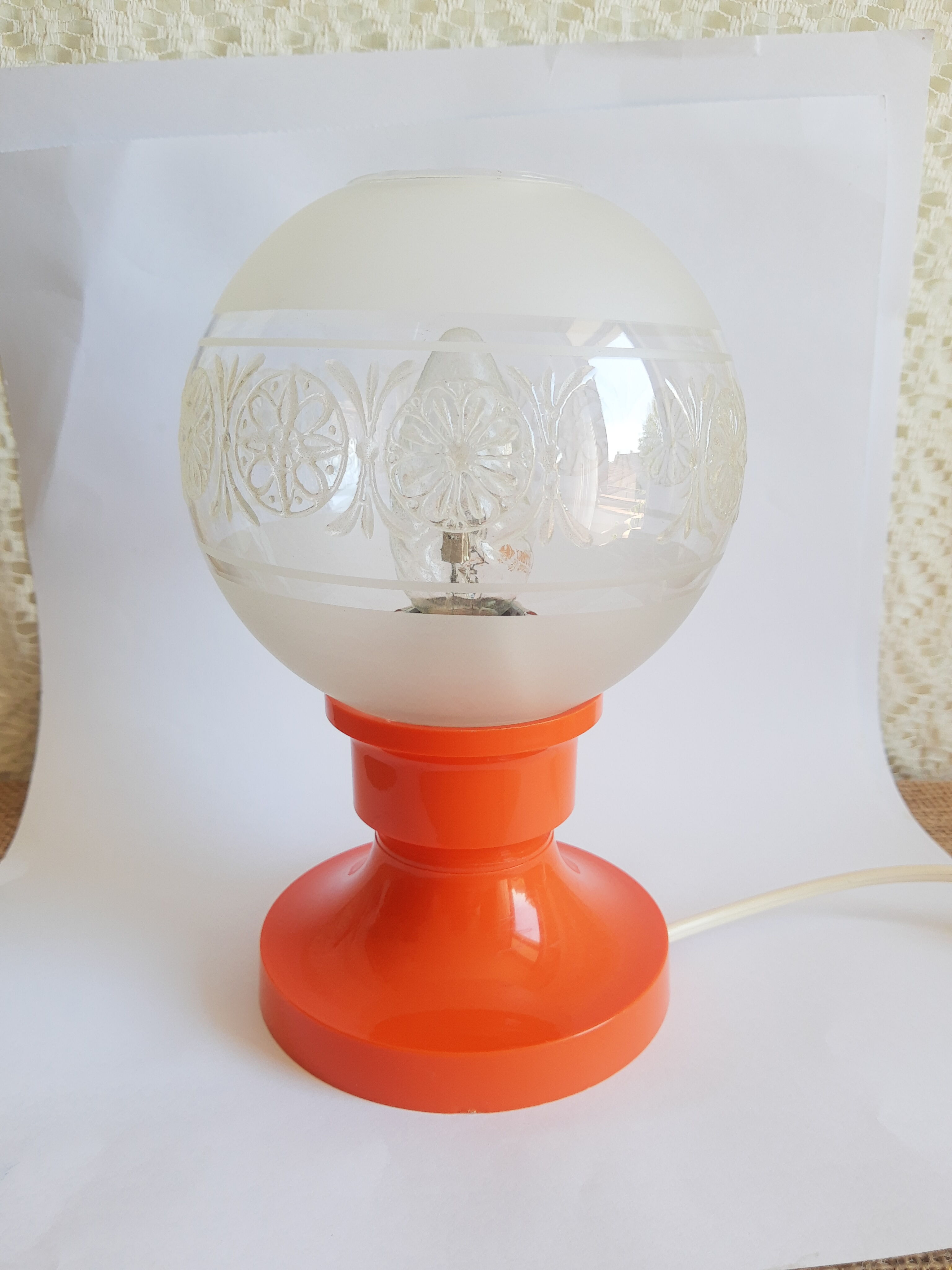 Retro orange table lamp and 70s glass globe