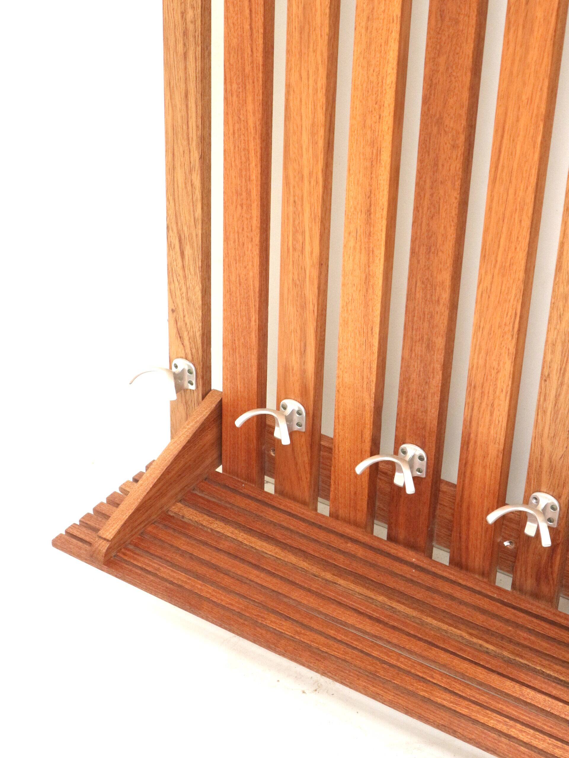 Large vintage coat rack with mirror and rack made of teak wood