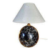 Lampe bois trompe l’œil, câble tissu, abat-jour