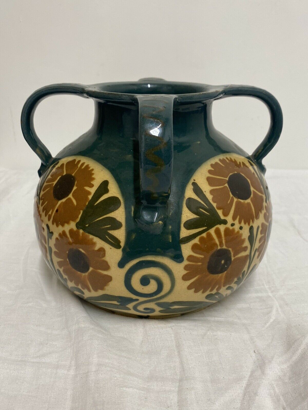 Vase Elchinger ceramic 4 detached handles polychrome floral decoration