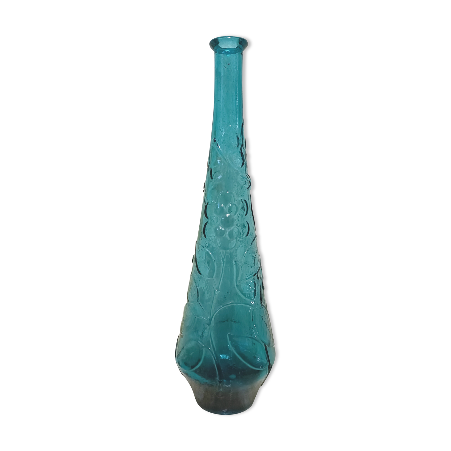 Blue pressed glass bottle decorated with flowers