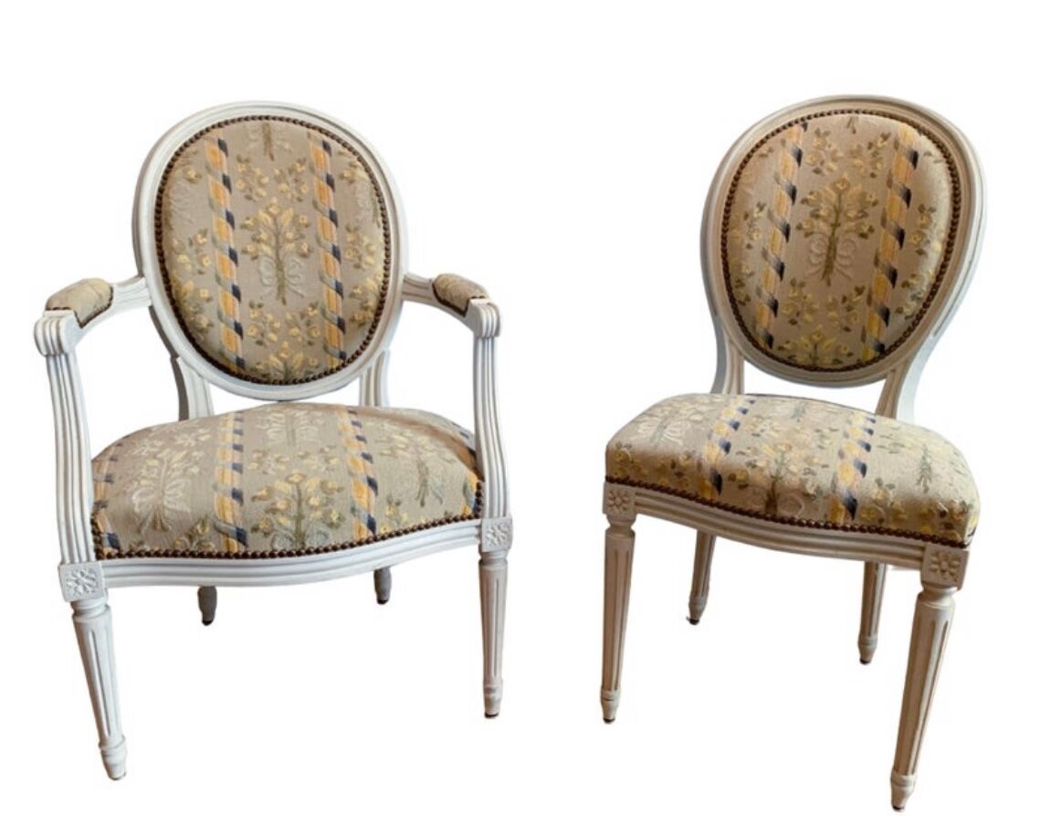 Chair and armchair medallion, Louis XVI style, circa 1950