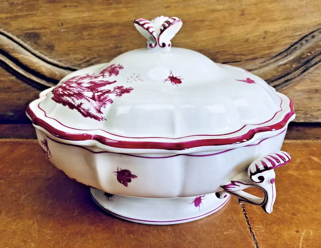 Old small Gien earthenware vegetable soup tureen, pink landscape model