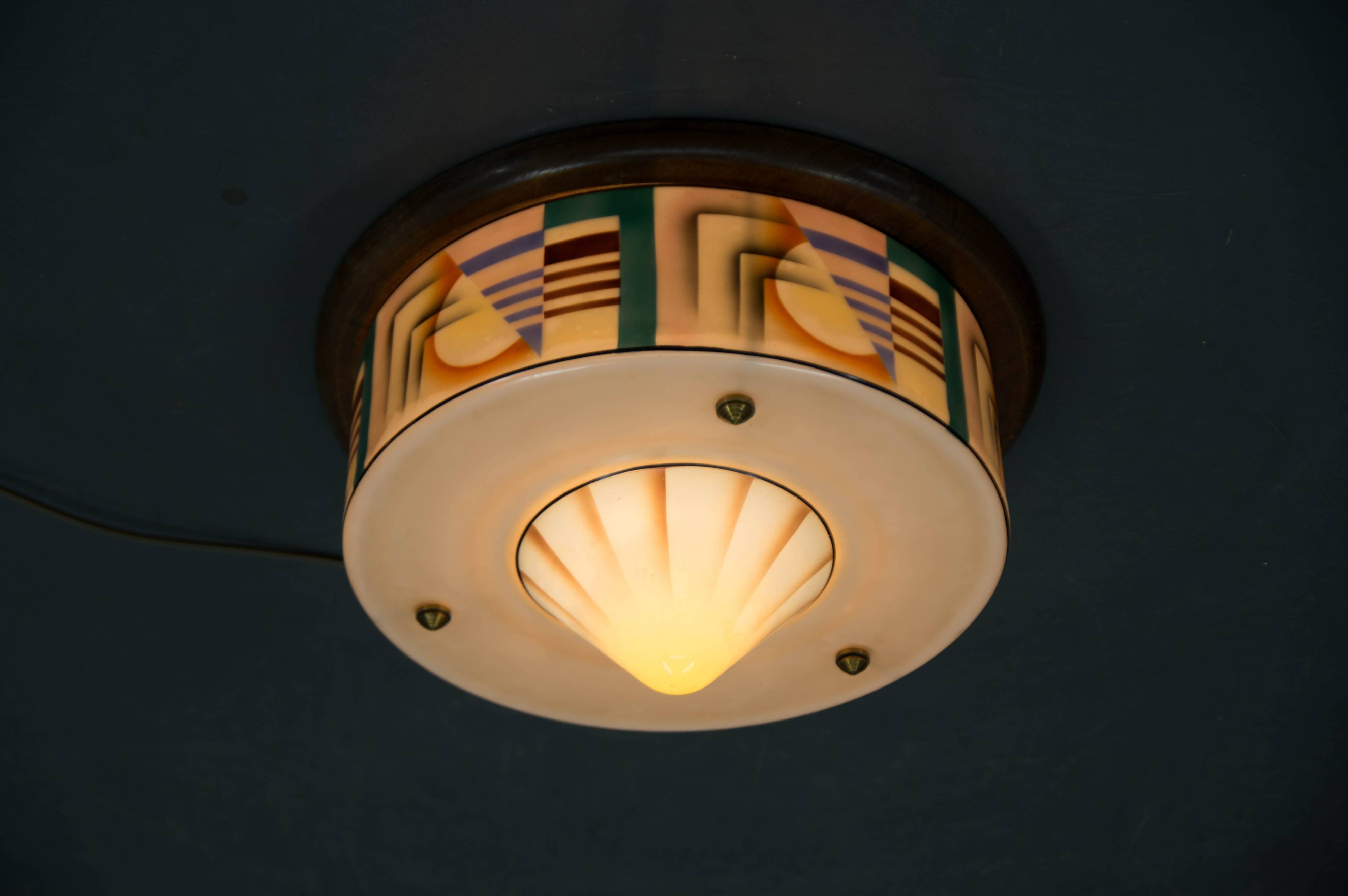 Art Deco Hand Painted Glass Flush Mount, 1920s