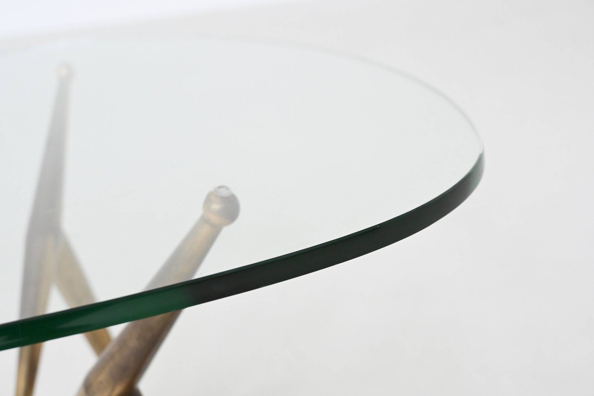 Italian tripod triangle coffee table brass and glass Italy 1950