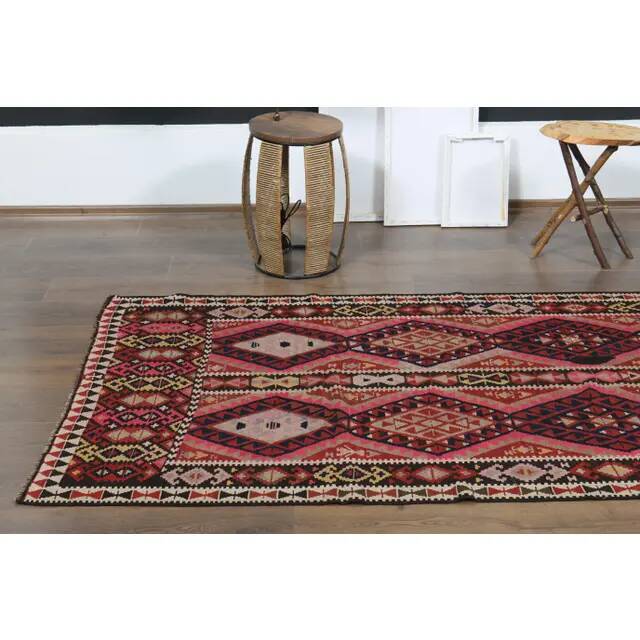 1970s Vintage Turkish Oushak Handmade Wool Cotton Pink Runner Rug 115x451