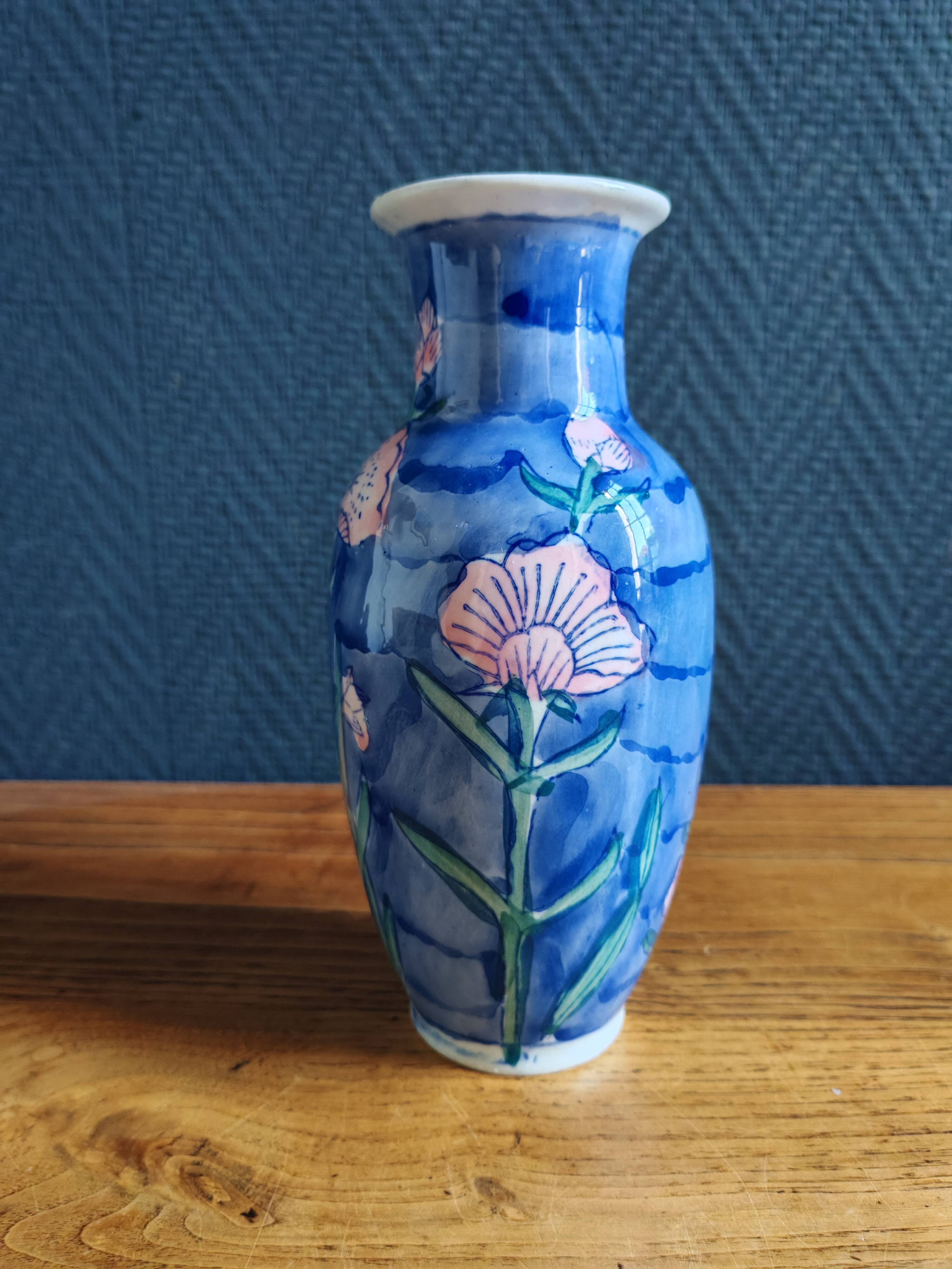 Vintage Blue Ceramic Vase with Pink Floral Decoration, Shabby Chic Style