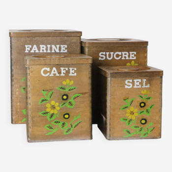 Ensemble rare de 4 pots à épices en bois, 1940/50, vintage