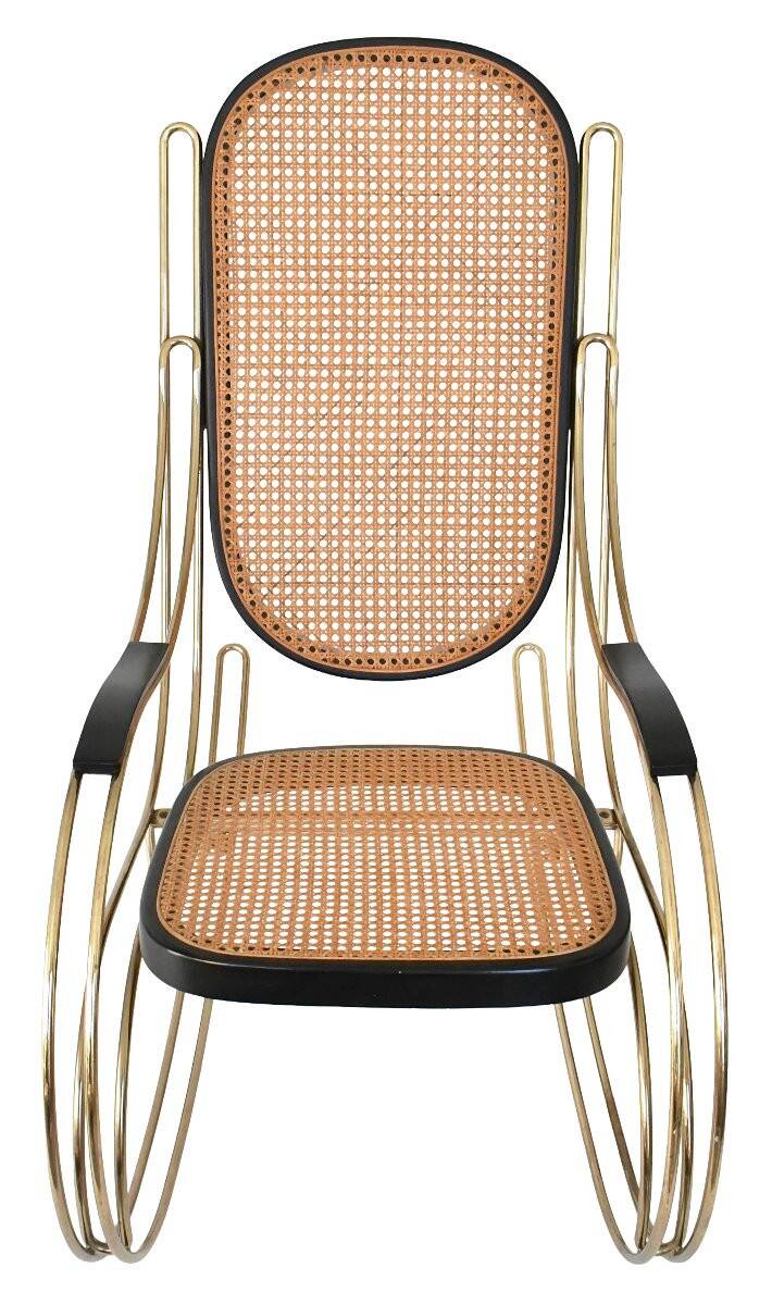 Modernist rocking chair in gilded brass and cane.