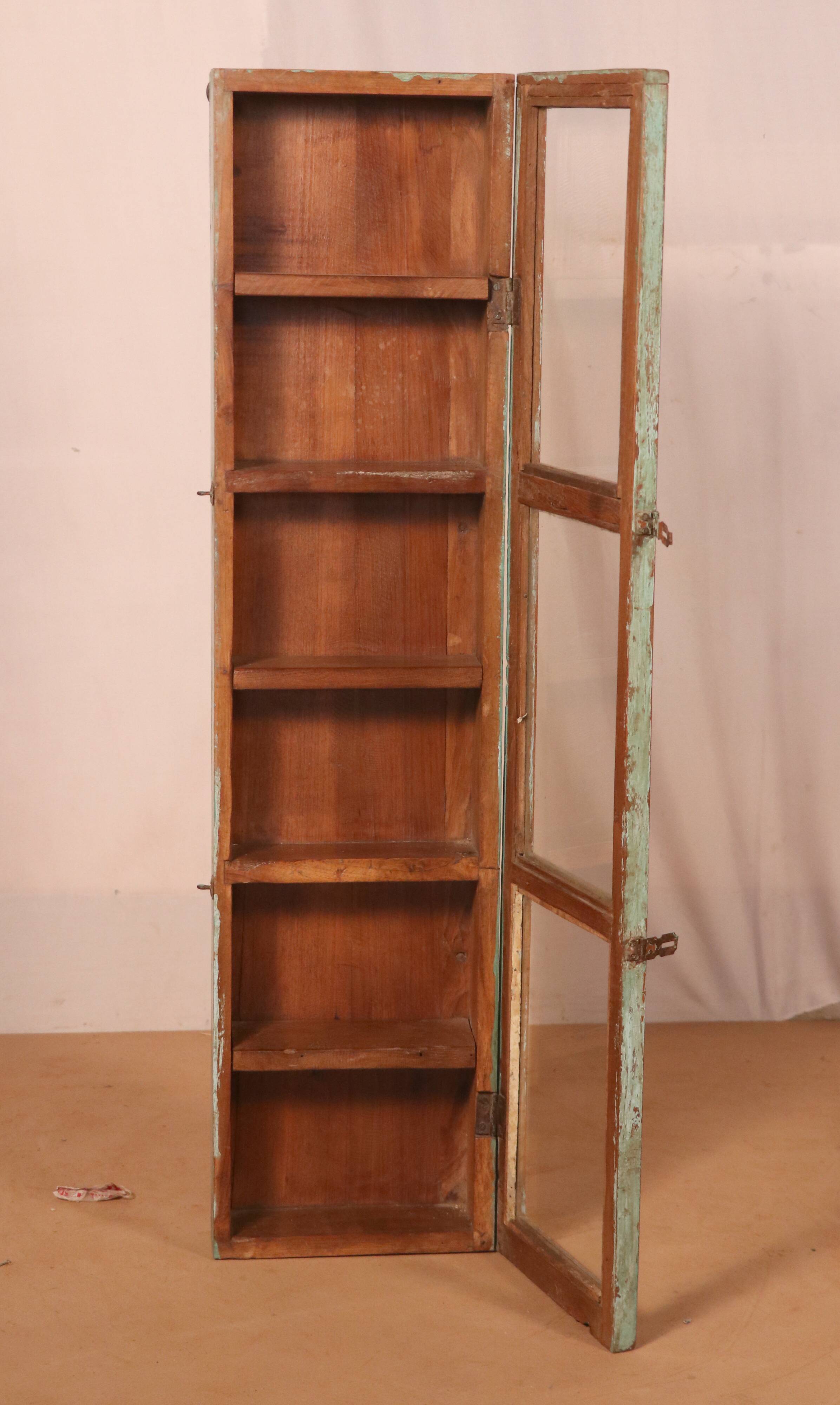 Old original Burmese teak wall display case with green patina