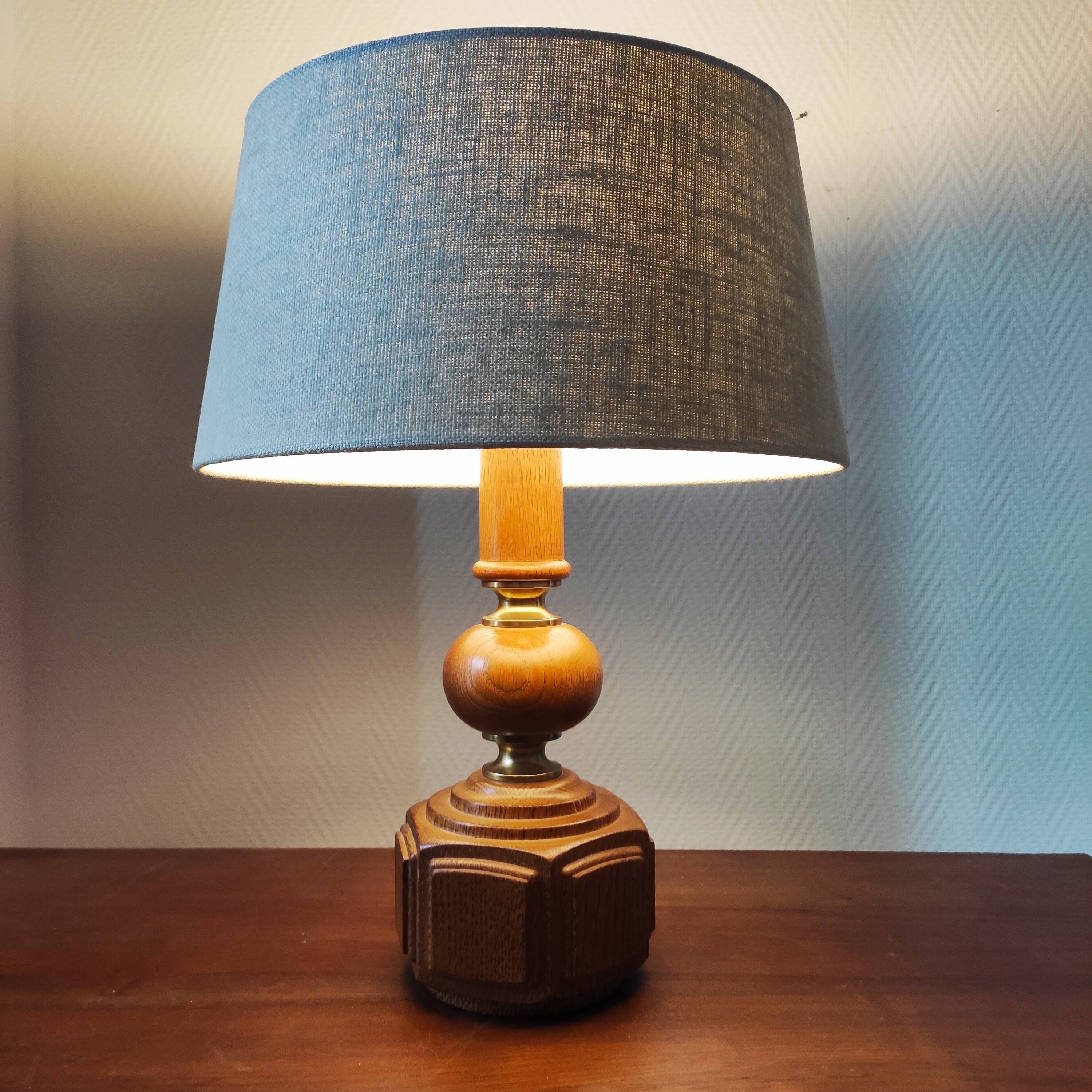 Vintage 70s salon lamp made of turned and sculpted oak wood.