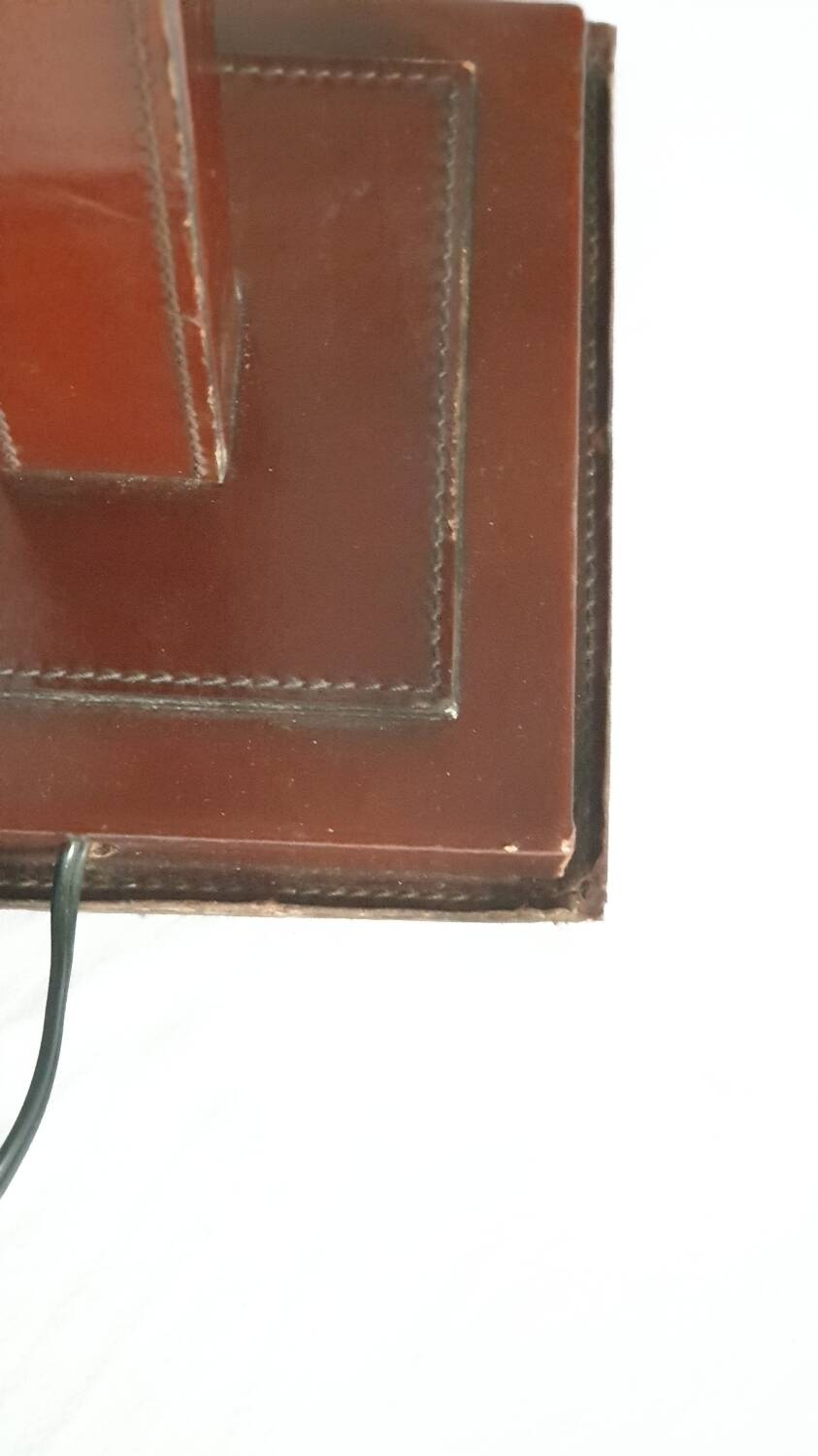 Leather lamp, saddle-stitched, 1960s vintage France.