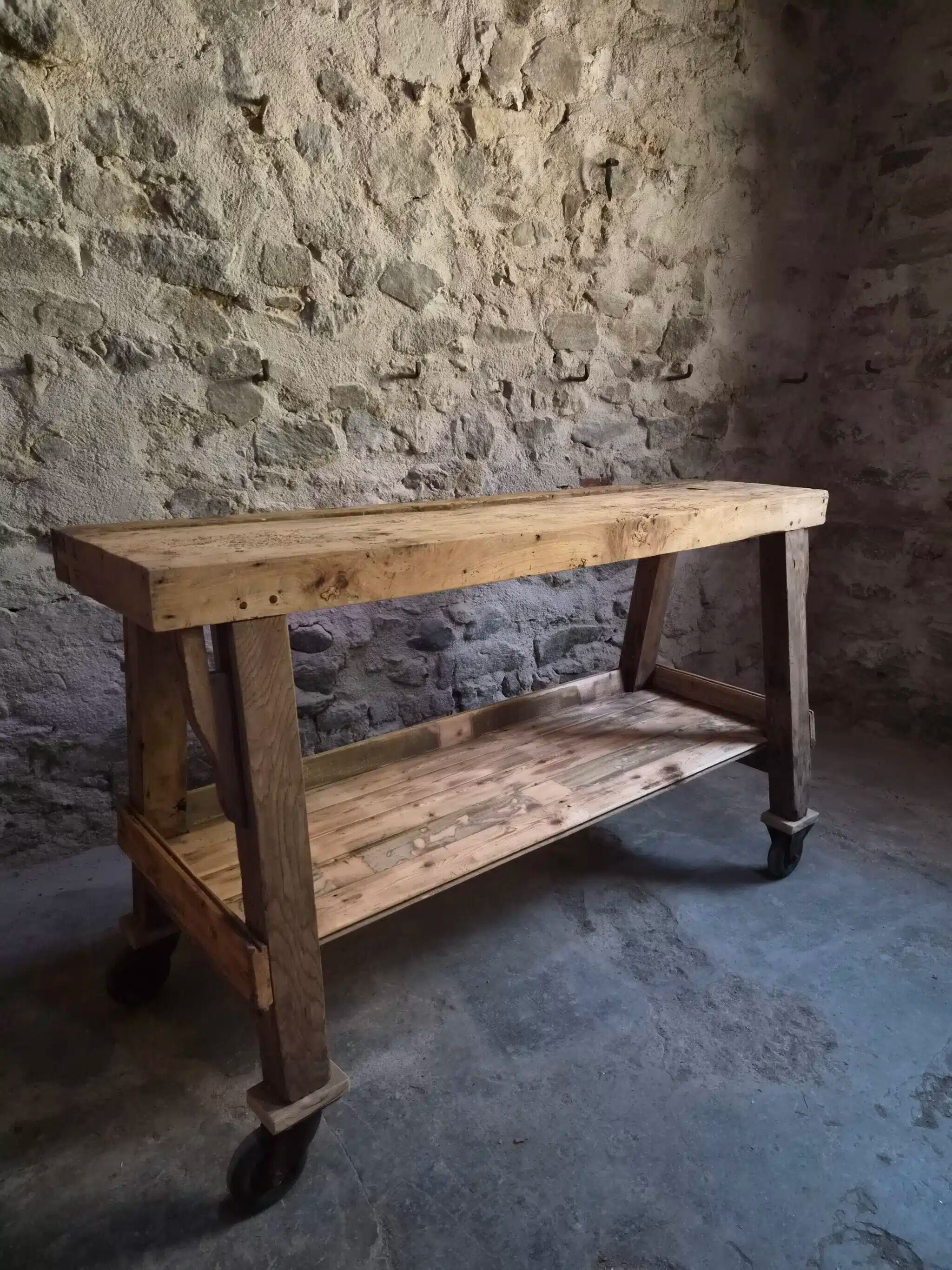French industrial kitchen island, antique work table in chestnut and oak, circa 1900.