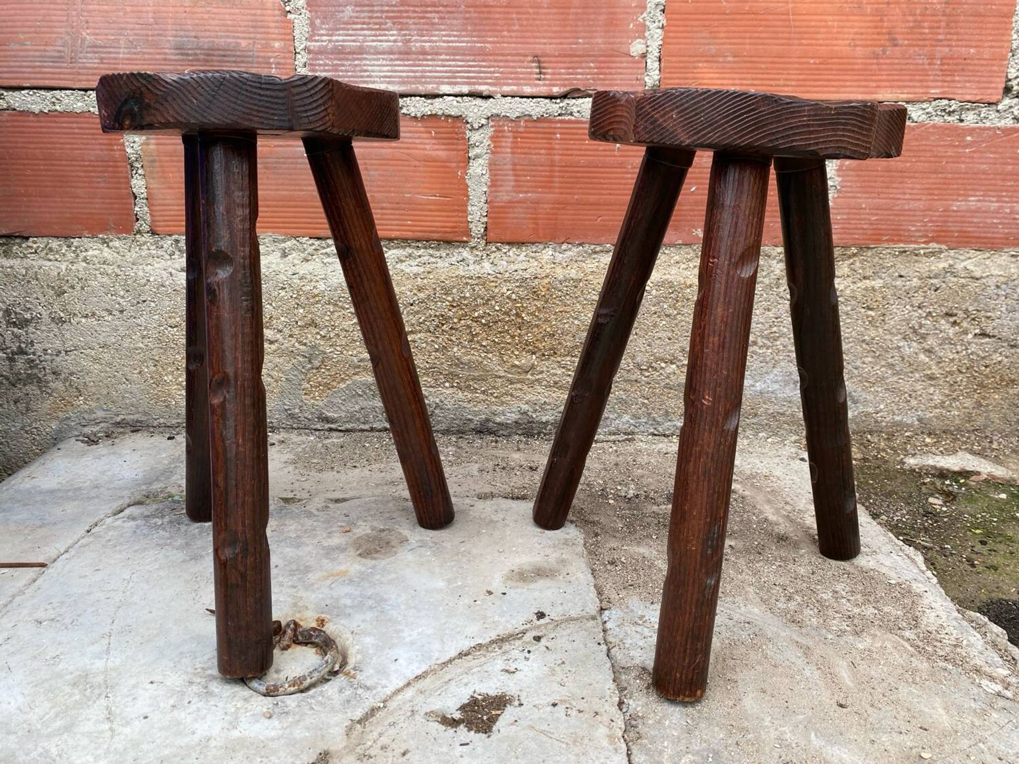 Pair of Antique Milking Stools, Tripod, Raw Wood, Folk Art, Vintage