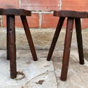 Pair of Antique Milking Stools, Tripod, Raw Wood, Folk Art, Vintage