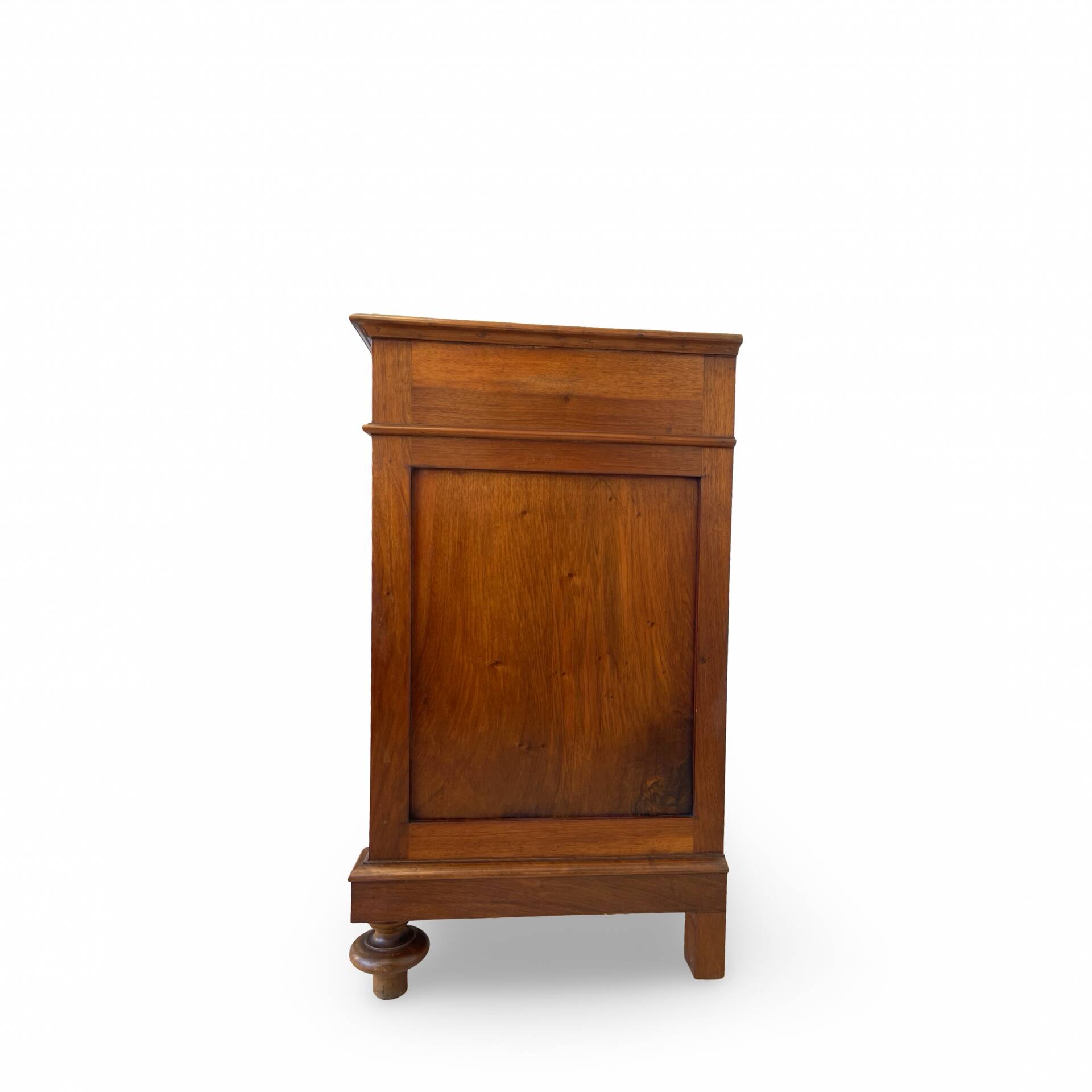 Antique walnut commode with bronze handles in the shape of a lion's mask,