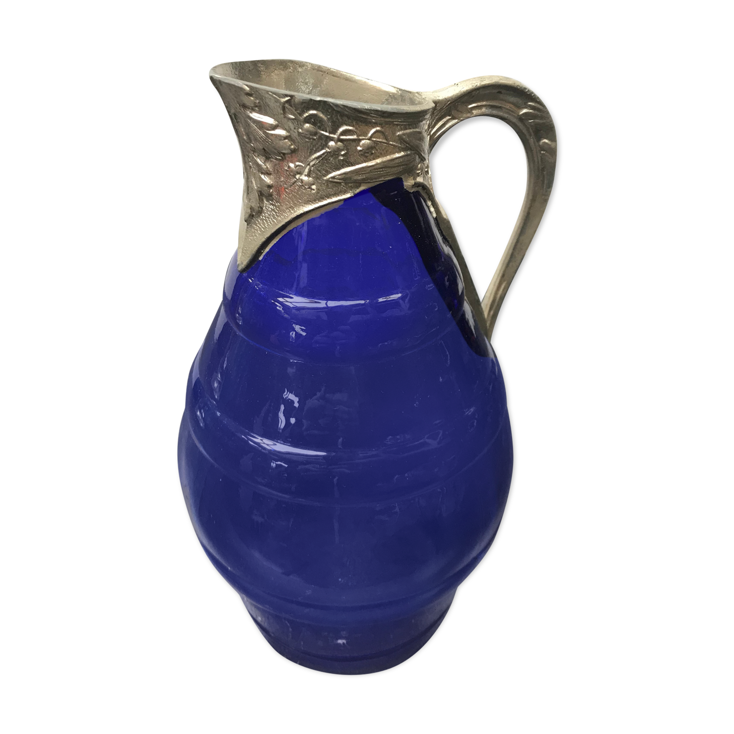 Former pitcher carafe art de blue moulded glass - vintage metal anse