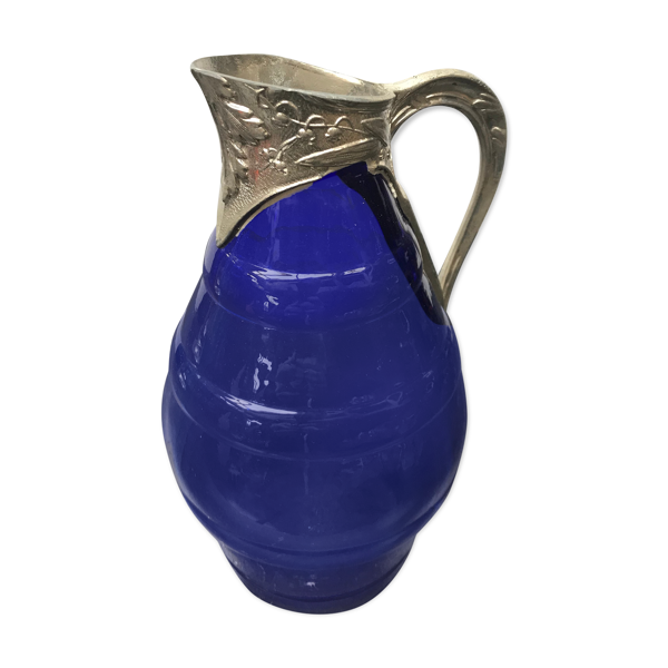 Pichet carafe art déco verre moulé bleu avec anse métal vintage