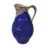 Former pitcher carafe art de blue moulded glass - vintage metal anse
