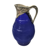 Pichet carafe art déco verre moulé bleu avec anse métal vintage