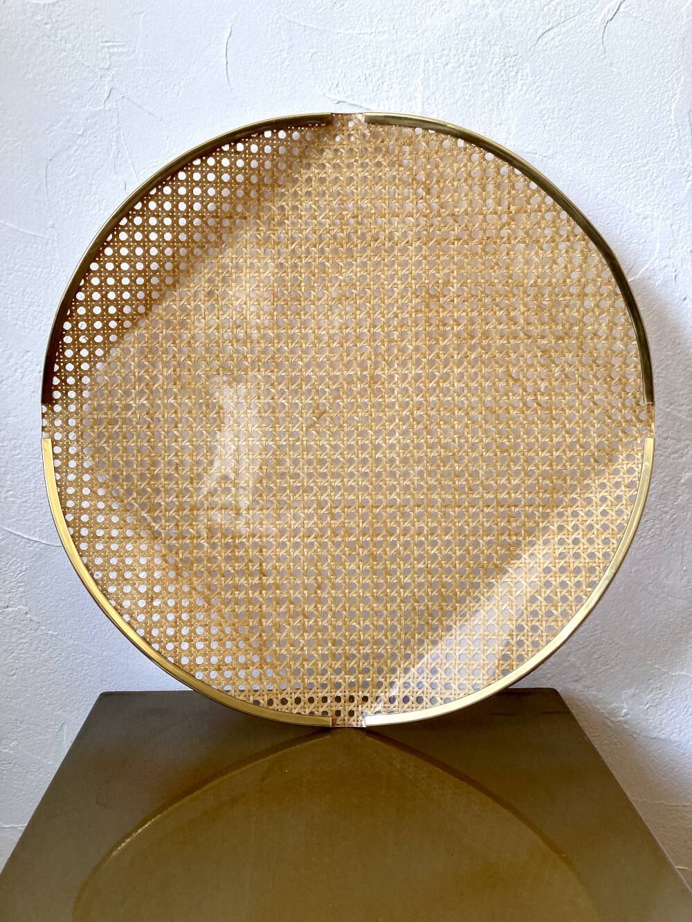 Acrylic glass plateau, caning & brass, 1970, attributed to Roche Bobois.
