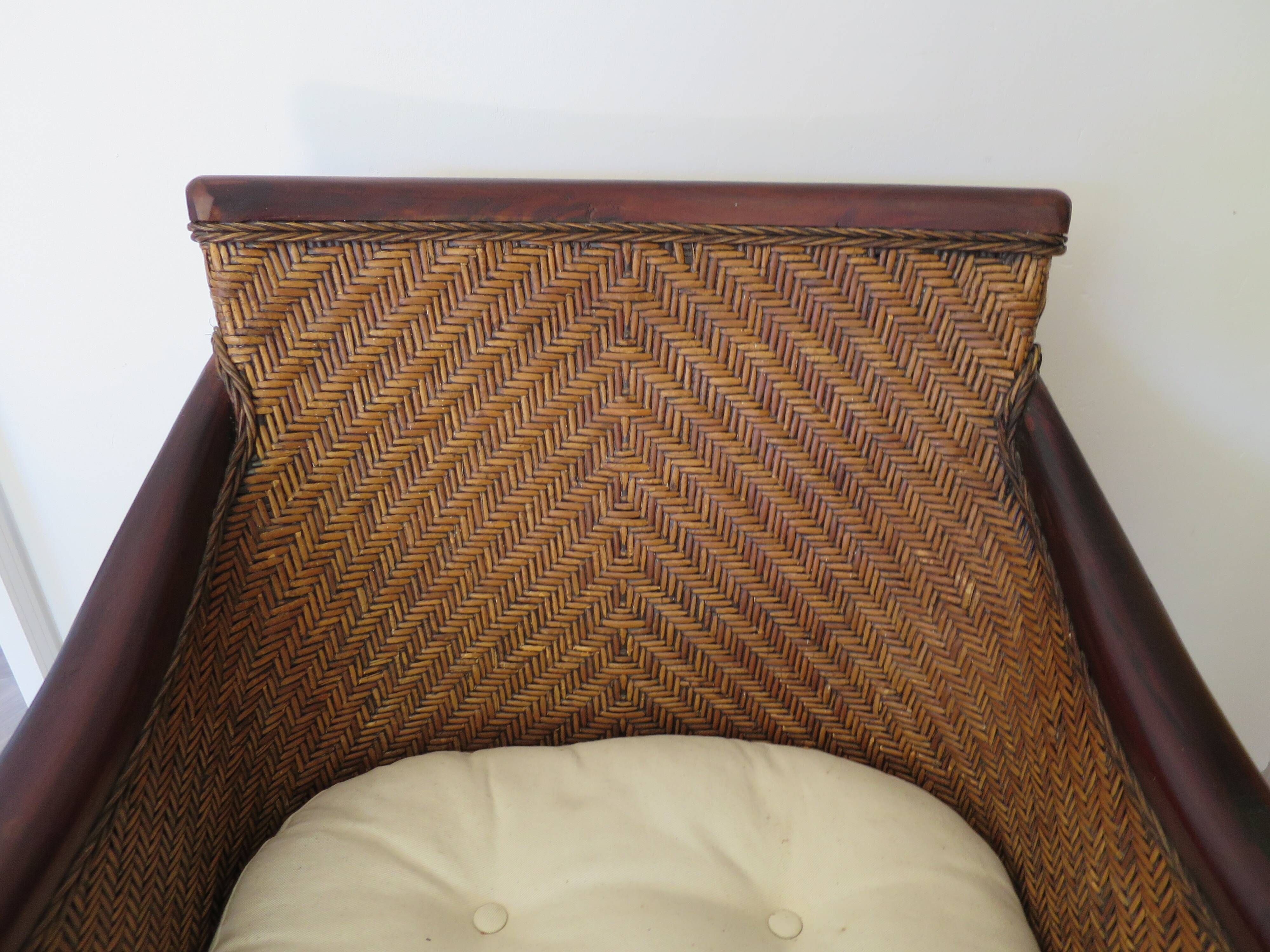 Colonial style armchair - woven rattan and exotic wood - vintage